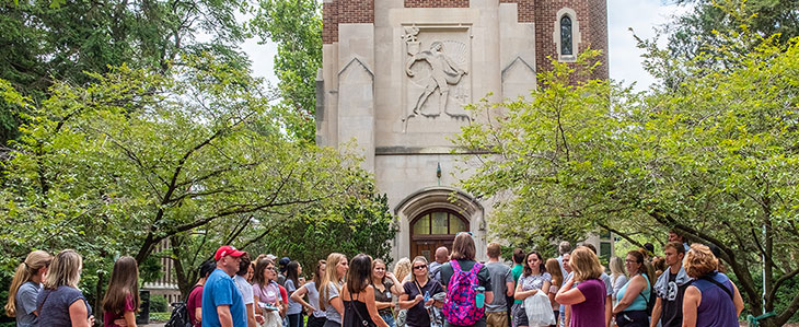 MSU's Green and White Day Admissions Tour Beaumont Tower on a summer day