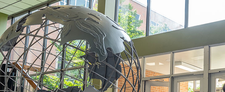 Close-up of the globe in the International Center