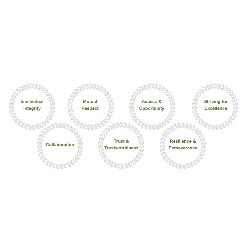 The 7 core values: Intellectual Integrity, Mutual Respect, Access & Opportunity, Striving for Excellence, Collaboration, Trust & Trustworthiness, Resilience & Perseverance