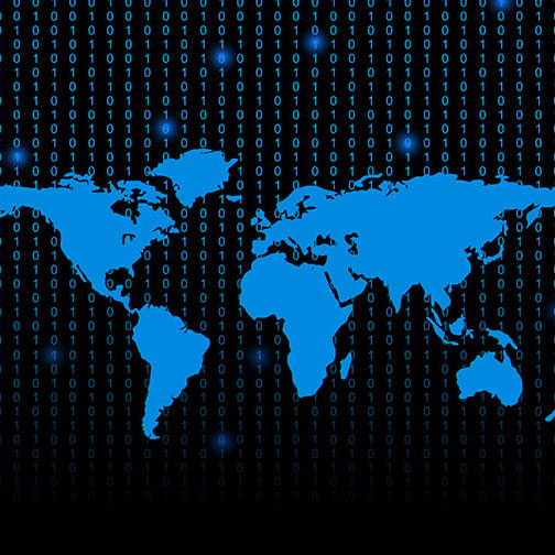 World map overlayed with binary code