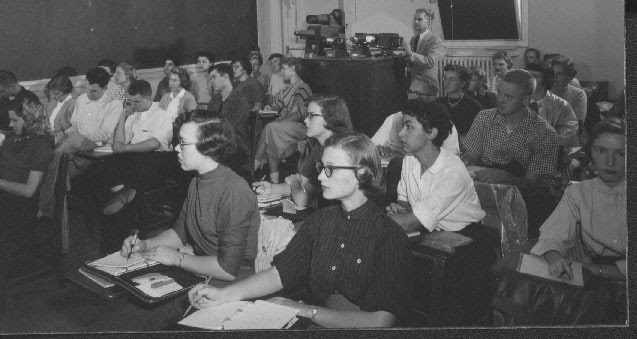 Old black and white form the 1950s of an engineering classroom