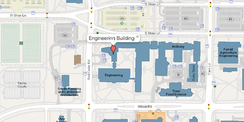 Map of the Engineering Building. Links to the MSU Interactive Map