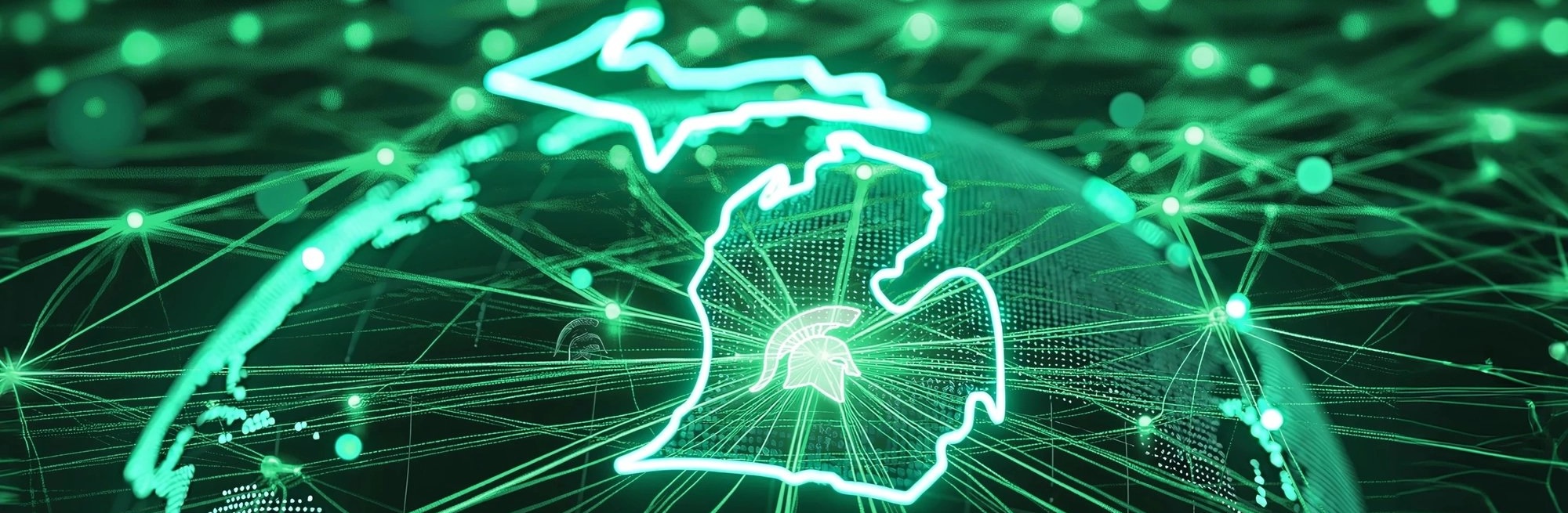 Futuristic hologram with Michigan's outline and the MSU logo in the center